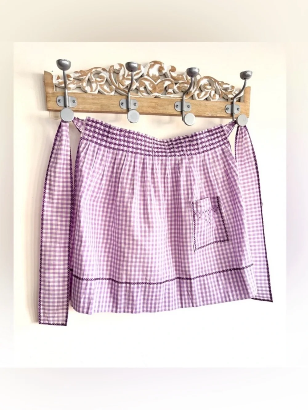 Vintage Handmade Apron Purple Gingham Tie Back , Pocket Cross Stitch Detailing